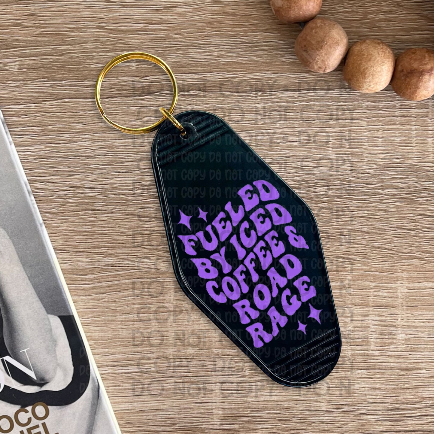 Fueled By Iced Coffee & Road Rage - UV DTF Keychain Decal