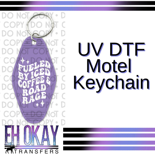Fueled By Iced Coffee & Road Rage White - UV DTF Keychain Decal