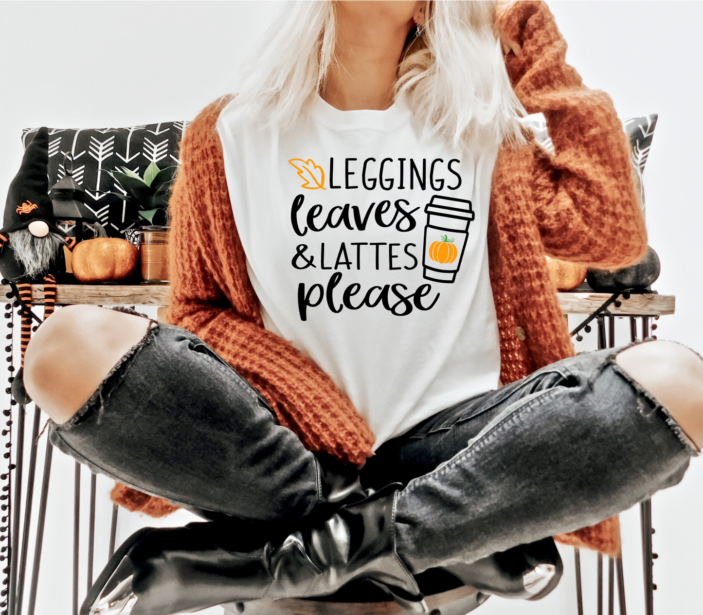 Leggings, leaves and lattes Black and orange - DTF